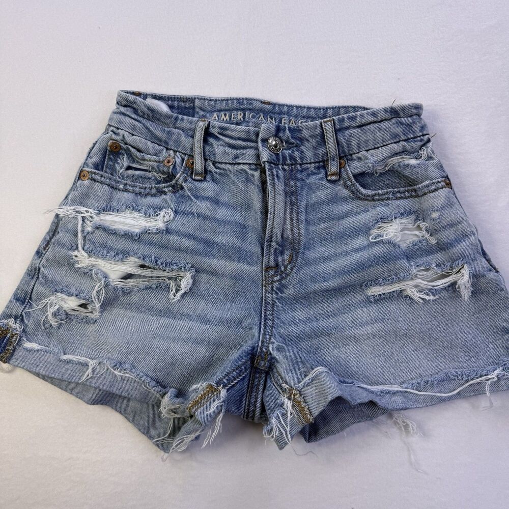 American Eagle Button Zip Jean Short Distressed Ripped Girls Waist 25" 1012